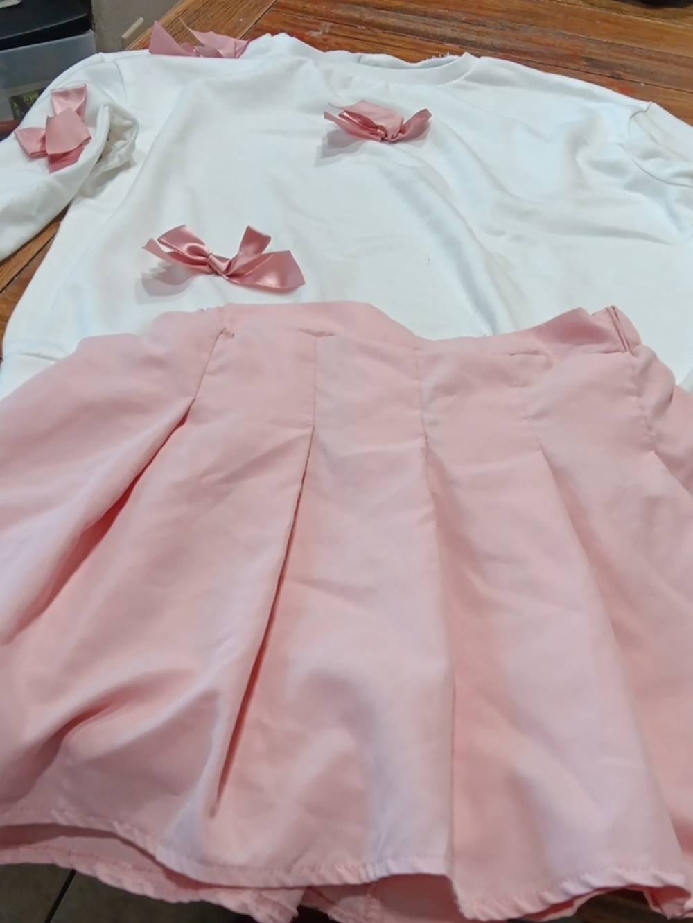Girls Pink Pleated Skirt - Soft Pastel Pink Kids Bottoms White Top With Bows.